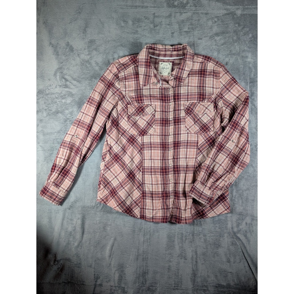 Style & Co Womens XL Plaid Pearl‎ Snap Button Down Shirt Burgundy Pink Roll Tab